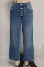 Breasted Raw Hem Jeans HW Cropped Pants Slimming Commuting