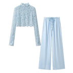 Summer Sexy See through Cropped Top Casual All Matching Wide Leg Pant Sets