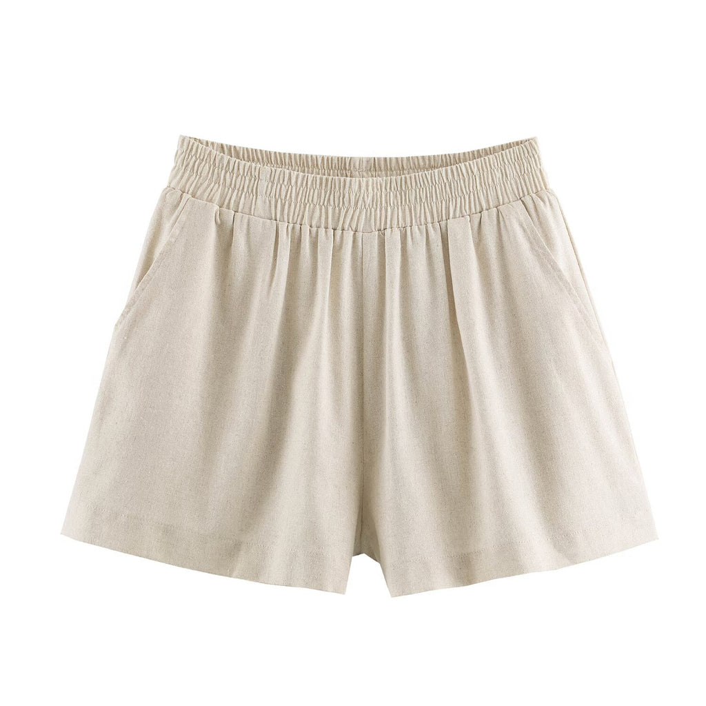 Women Waist Linen Blended Casual Shorts