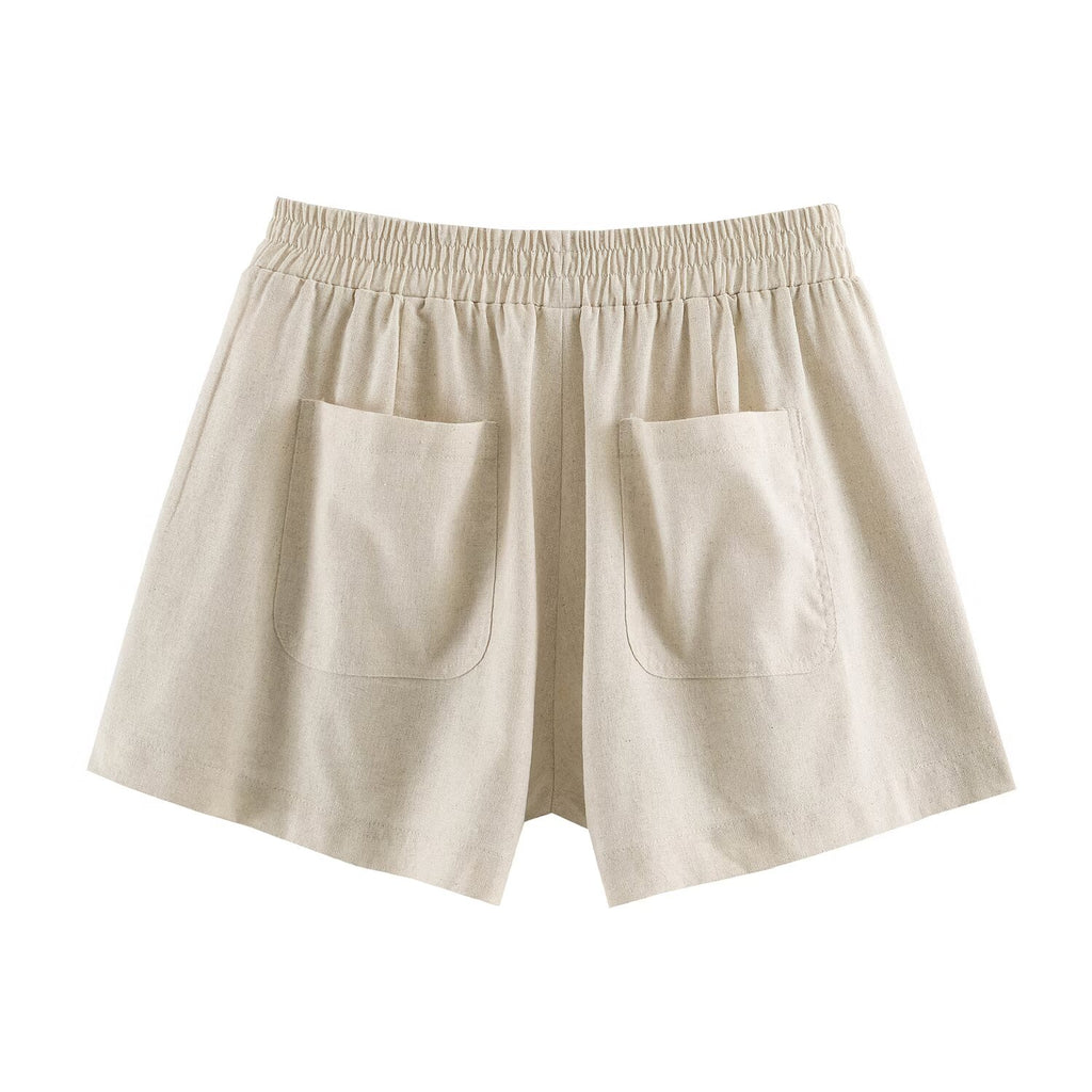 Women Waist Linen Blended Casual Shorts