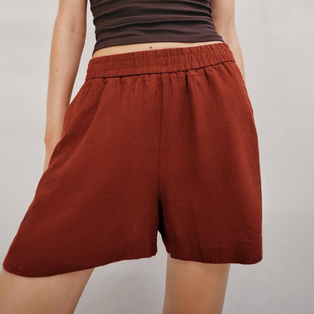 Women Waist Linen Blended Casual Shorts