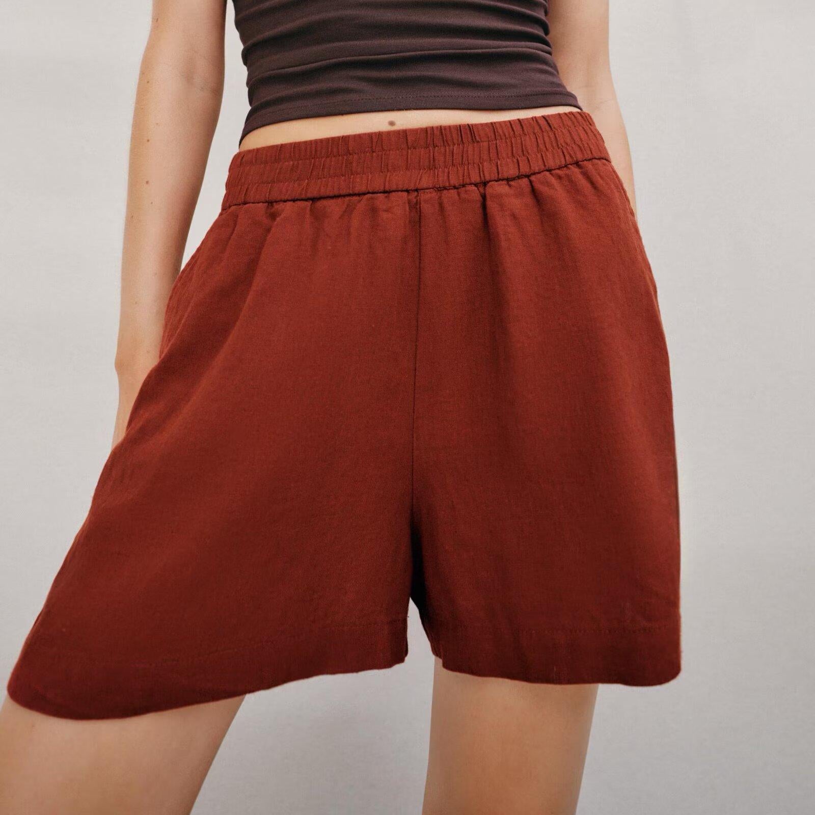 Women Waist Linen Blended Casual Shorts