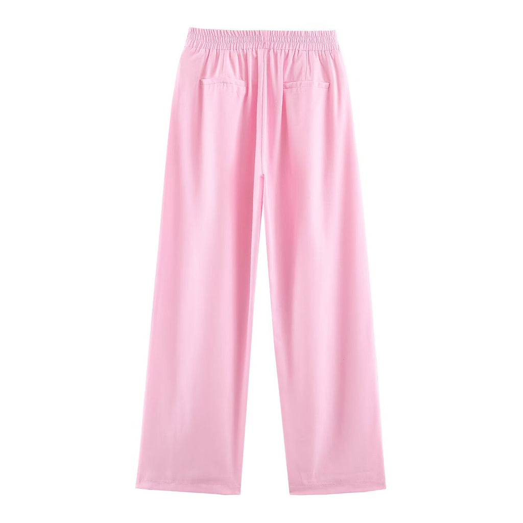 Polo Collar Linen Blended Shirt EW Straight Leg Pants Sets