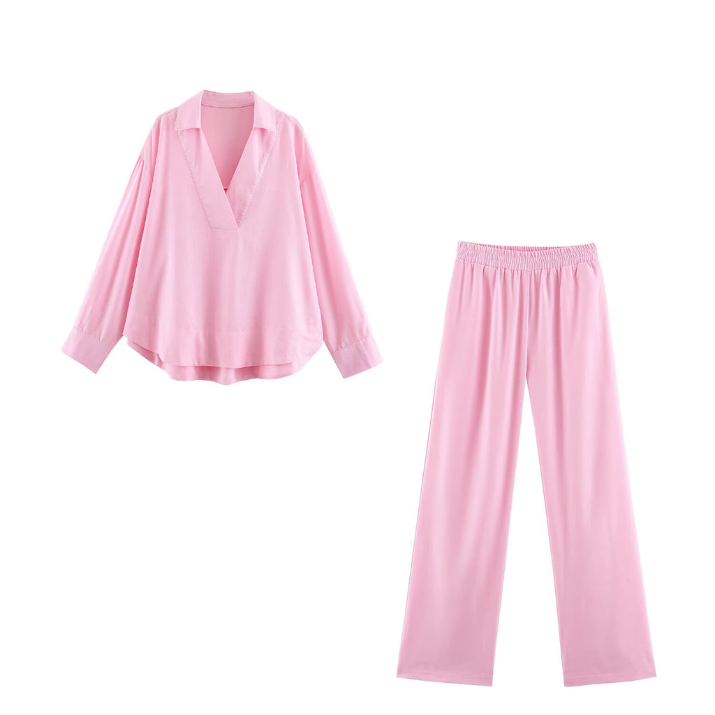Polo Collar Linen Blended Shirt EW Straight Leg Pants Sets