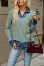 Denim Collared Color Contrast Patchwork Button False Two