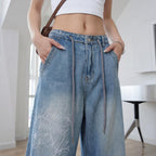 Retro Washed Embroidered Cat Beard Crease Machete Jeans