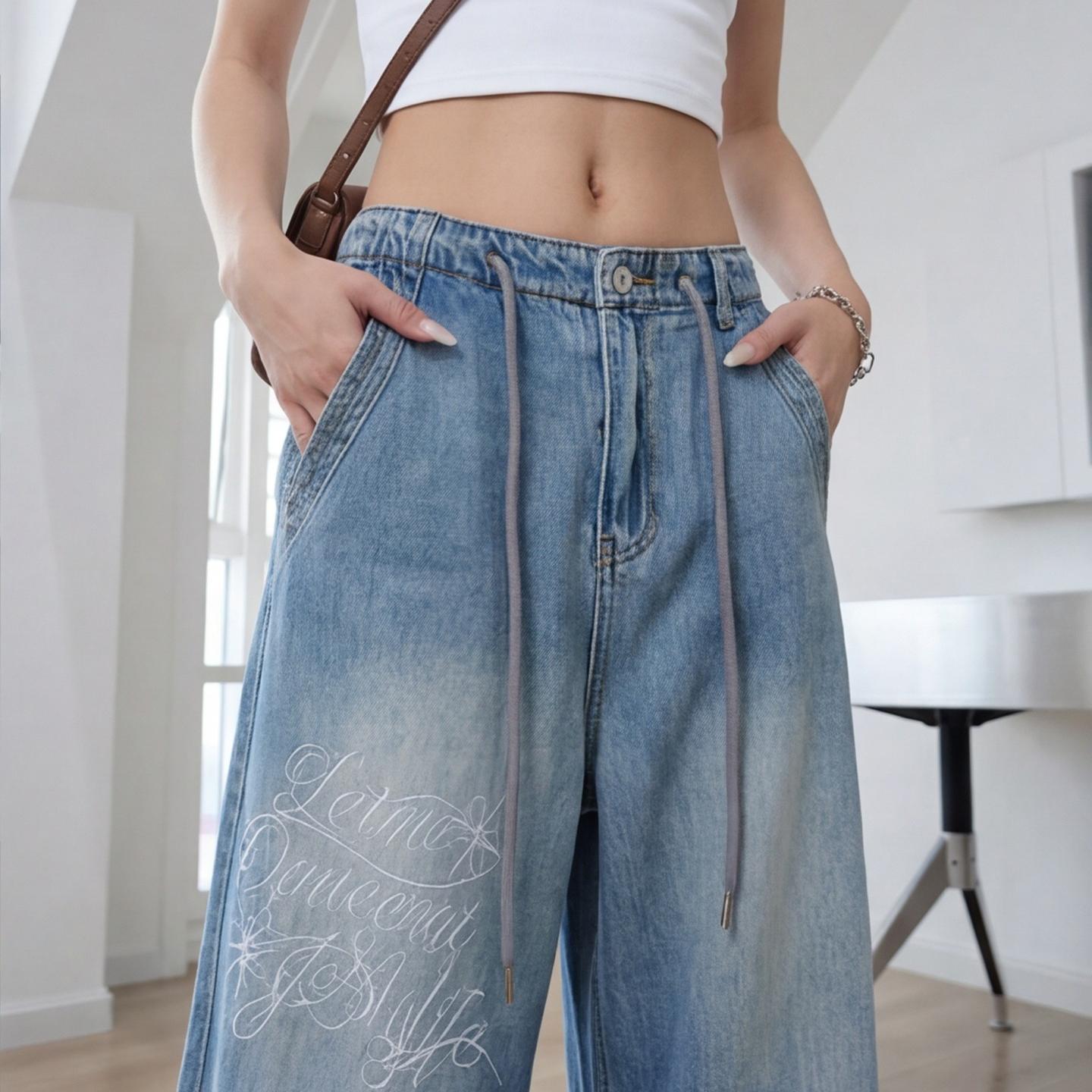 Retro Washed Embroidered Cat Beard Crease Machete Jeans