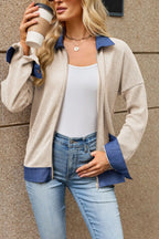 Autumn Winter Polo Collar Long Sleeve Zipper Denim Contrast