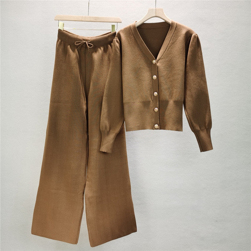 Slimming Knitted Women Autumn Cropped Coat Top Wide Leg Pants Two Piece Sets