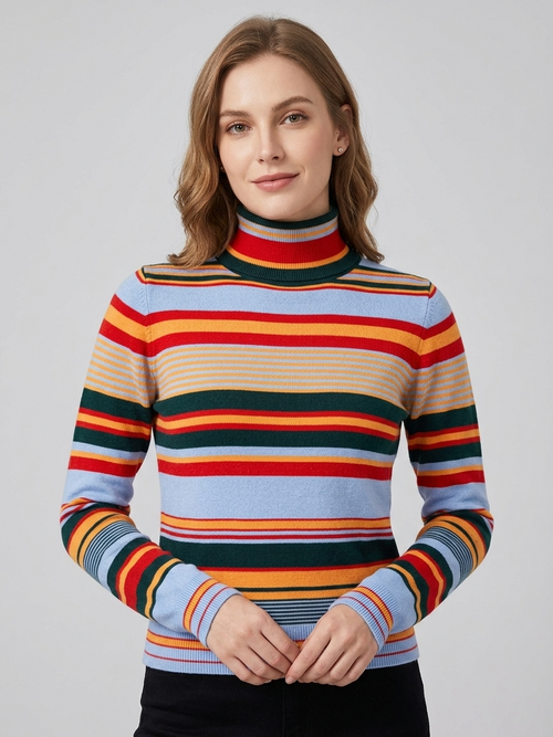 Women’s striped turtleneck knit pullover with multicolor horizontal bands, slim fit.