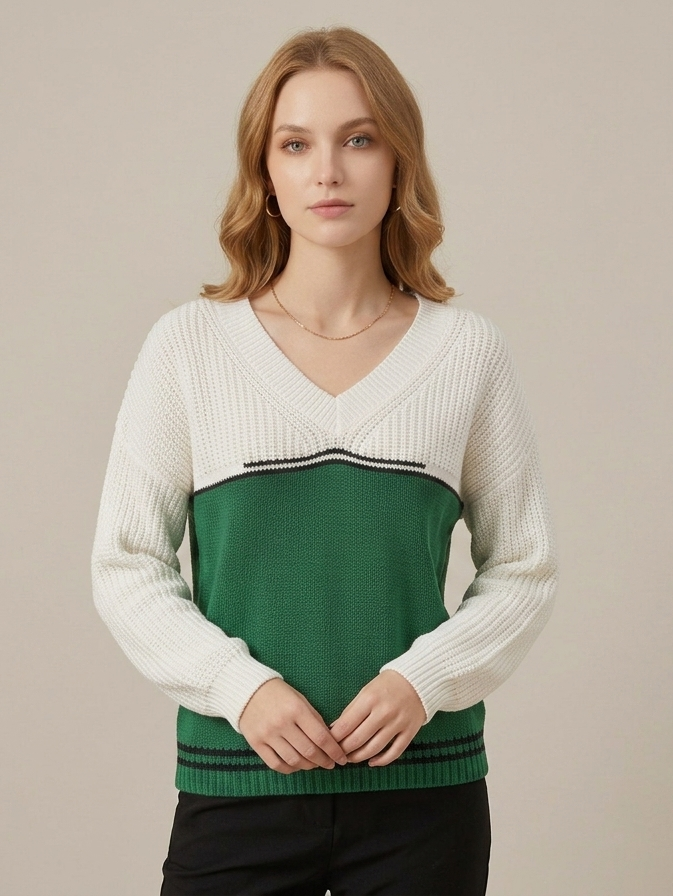 Contrast Color Sweater V neck Loose Pullover Sweater Autumn