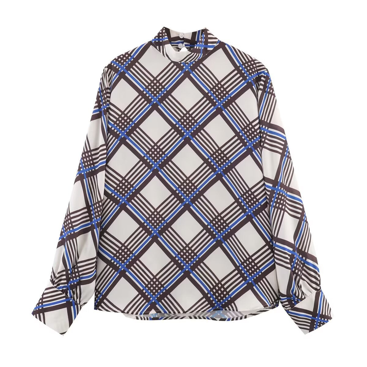 Multi plaid turtleneck top with long sleeves and mock neck