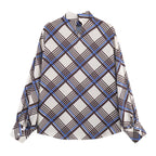 Multi plaid turtleneck shirt with keyhole button neckline and long sleeves