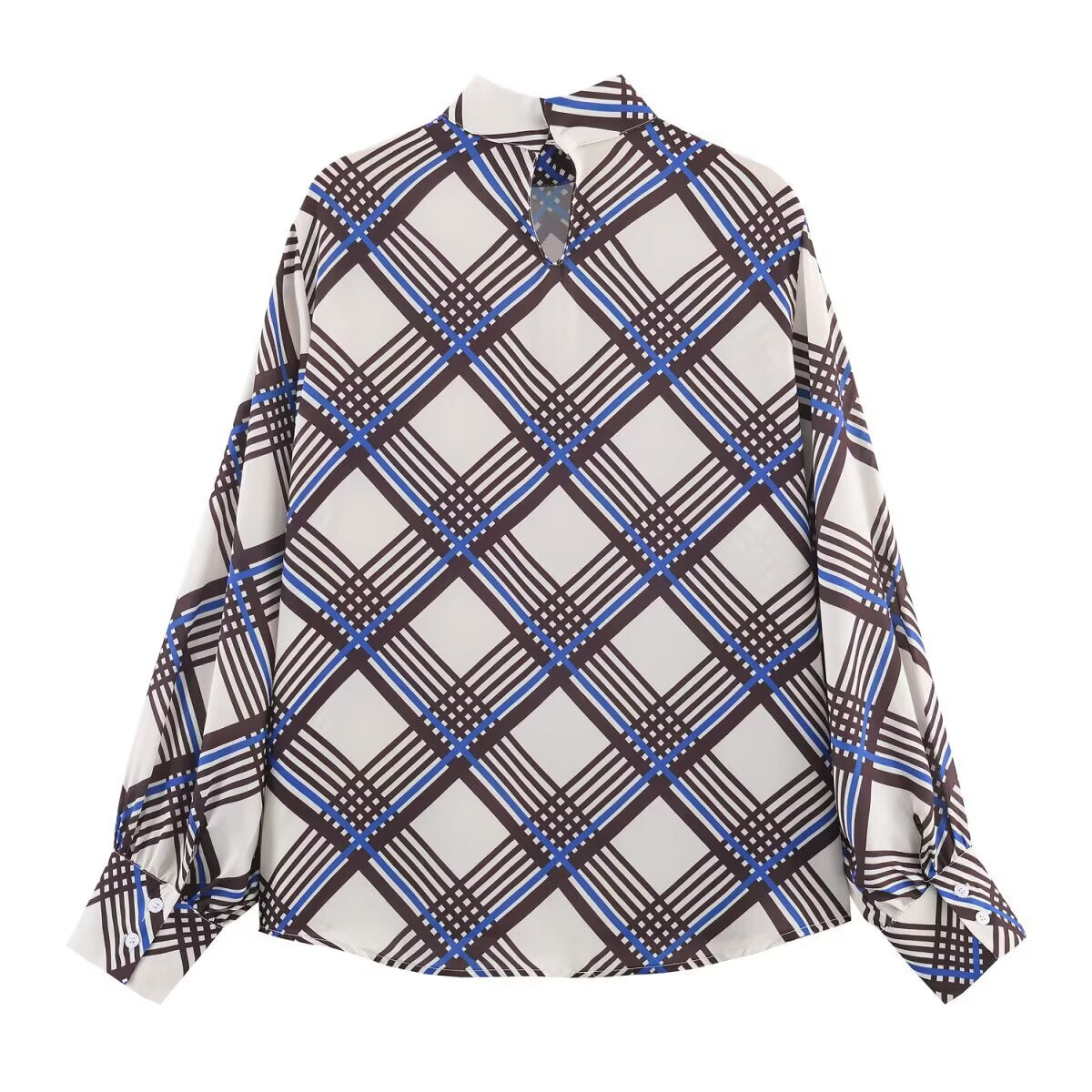 Multi plaid turtleneck shirt with keyhole button neckline and long sleeves