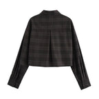 Women Clothing Summer Black Bottom All Match Casual Plaid Short Shirt