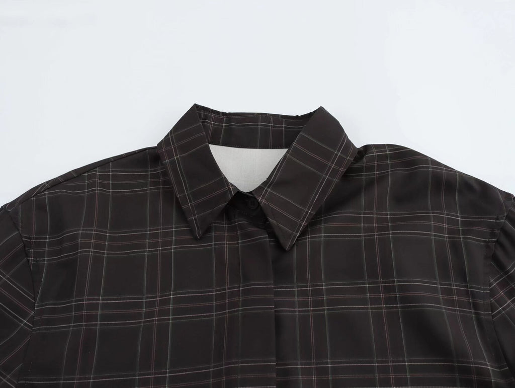 Women Clothing Summer Black Bottom All Match Casual Plaid Short Shirt