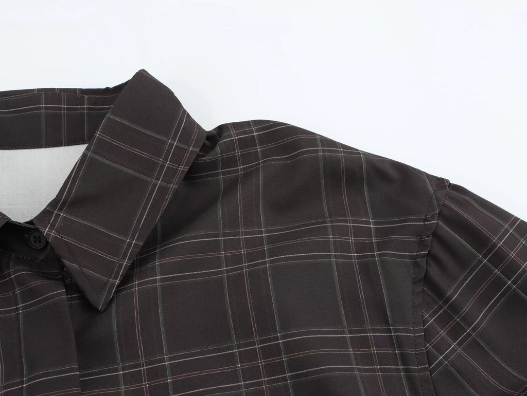 Women Clothing Summer Black Bottom All Match Casual Plaid Short Shirt