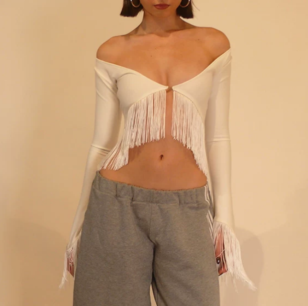 Off Shoulder Tassel Short Top Sexy V neck Long Sleeve