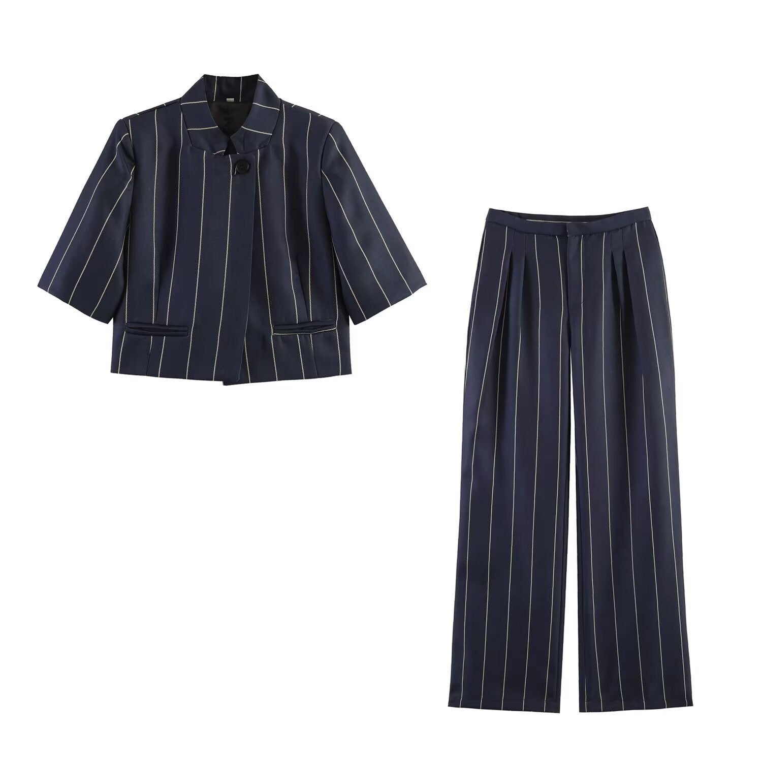 Women Clothing Top Blended Striped Shirt Blended Striped Trousers