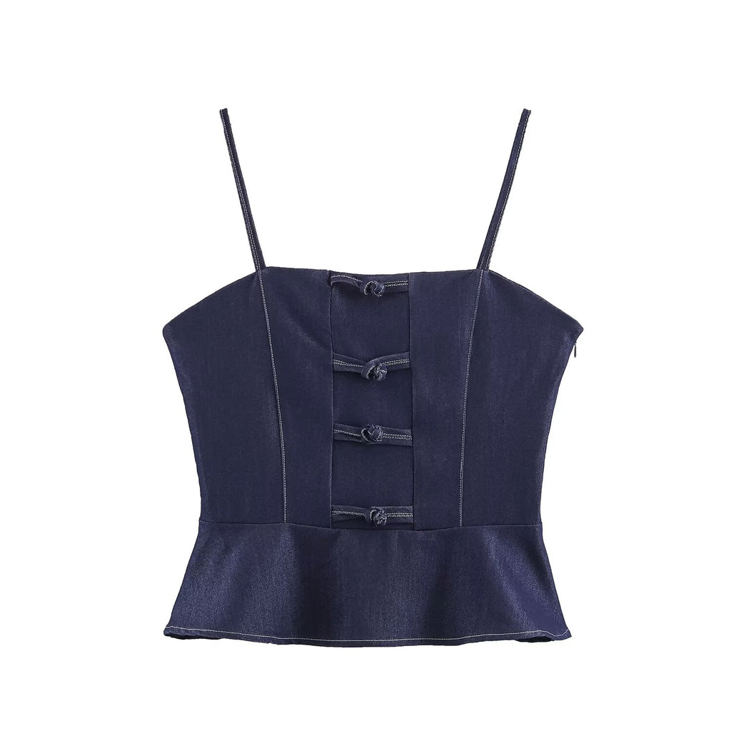 Deep blue denim women’s sling top with buttoned placket and adjustable straps