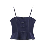 Deep blue denim women’s sling top with buttoned placket and adjustable straps