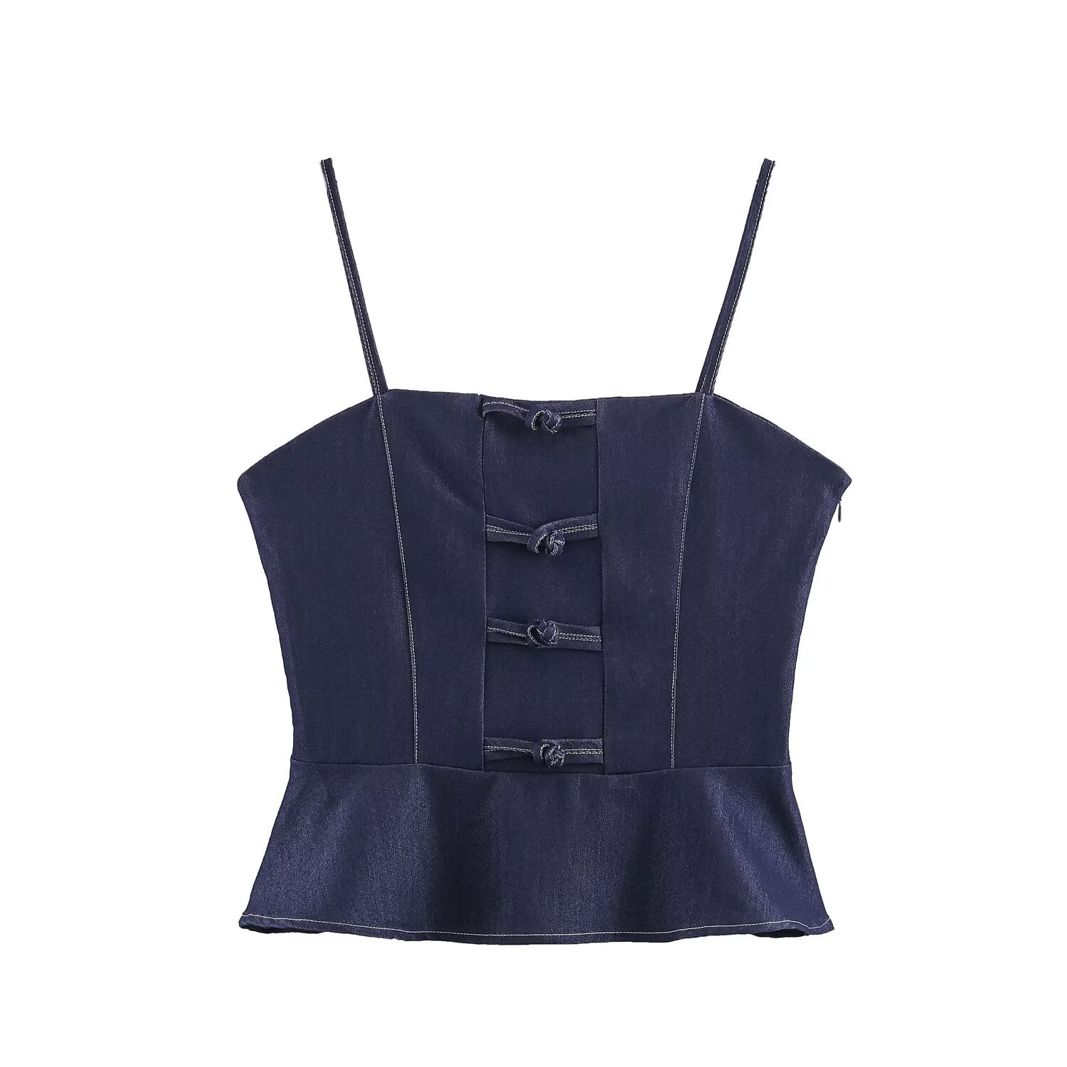 Deep blue denim women’s sling top with buttoned placket and adjustable straps