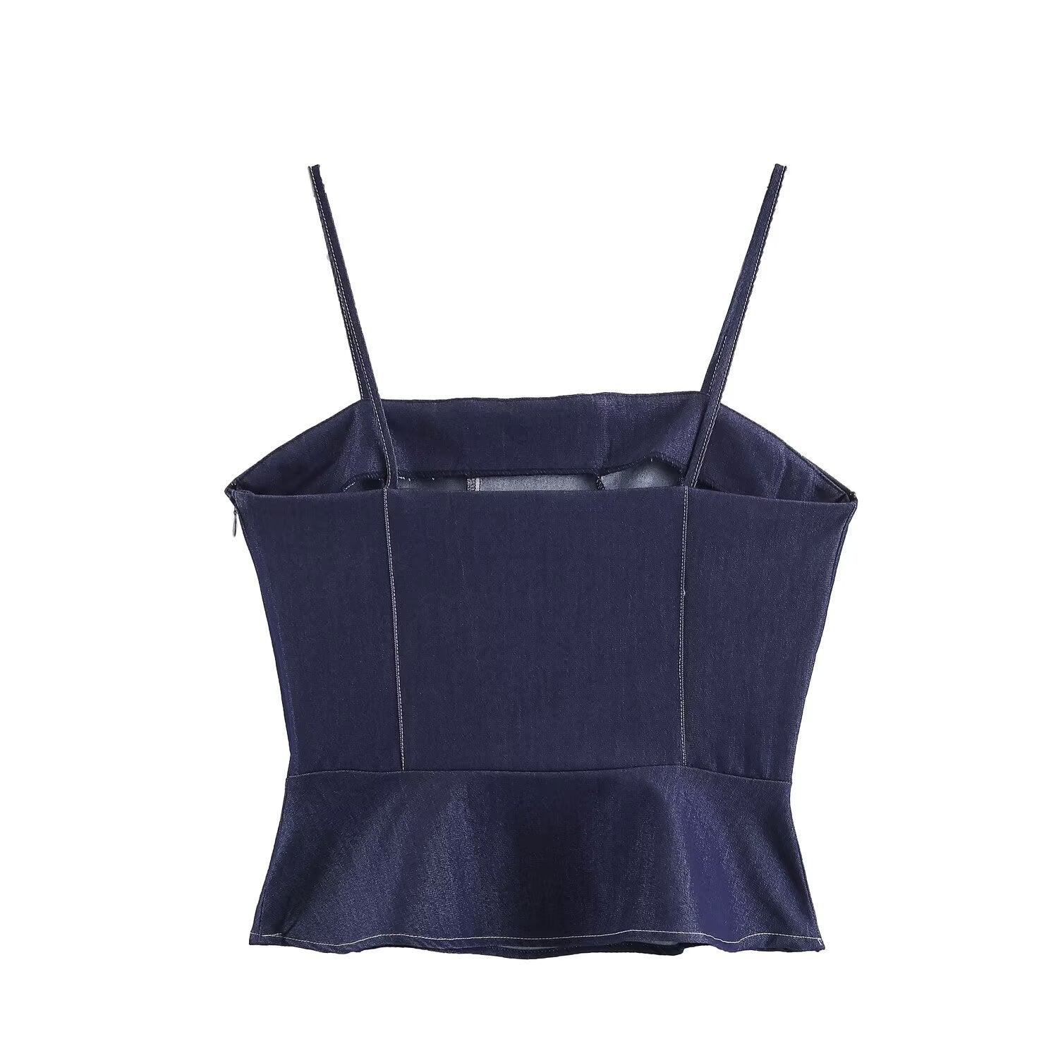 Deep blue denim women’s sling top with wide straps and peplum hem