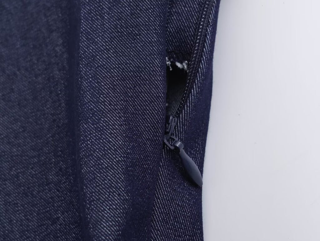 Deep blue denim side with zip tape and concealed pull tab
