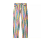 Multi vertical-striped high-waist straight-leg pants, front view with side pockets