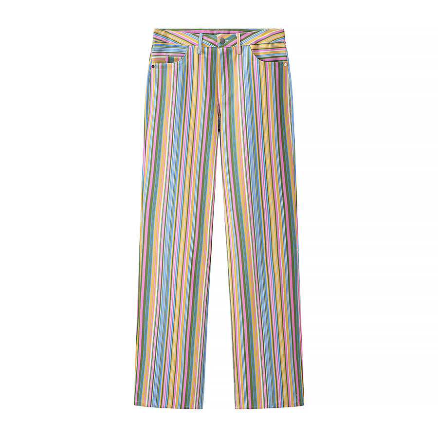 Multi vertical-striped high-waist straight-leg pants with belt loops and tie waist