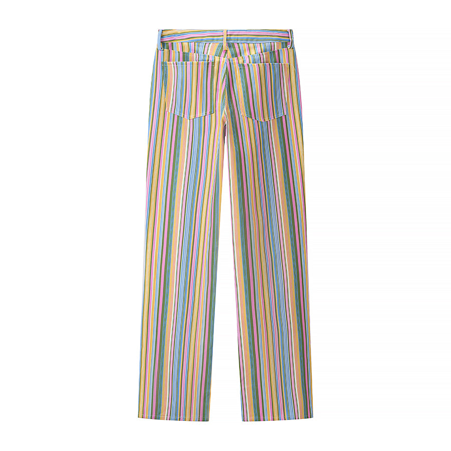 Multi vertical-striped high-waist straight-leg pants with back pockets