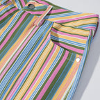 Multi striped high-waist pants close-up: tie waistband and button detail