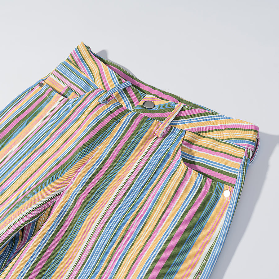 Multi vertical stripe pants close-up: front fly with button and belt loop