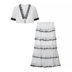 Women Clothing Sexy V neck Lace Polka Dot Top Flounce Peplum Hip Wrapped Skirt Set