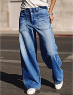 Women's loose elastic-waist blue jeans, wide-leg with button and pockets
