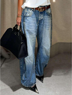 Label Women Clothing Nostalgic Washed Denim Wide Leg Jeans Stretch Casual Jeans