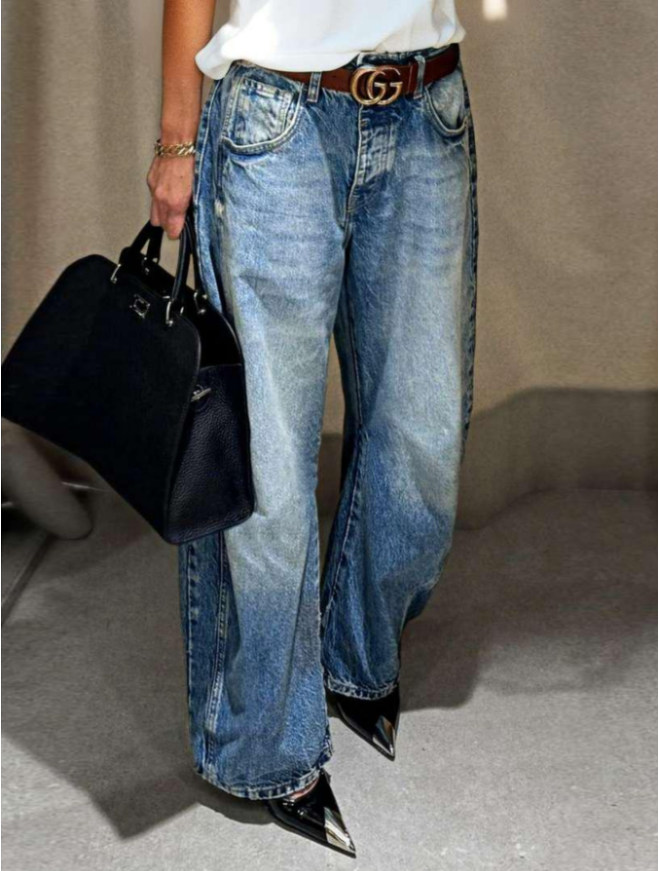 Label Women Clothing Nostalgic Washed Denim Wide Leg Jeans Stretch Casual Jeans