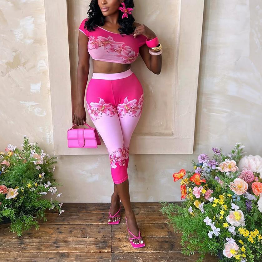 Floral Print Drop Shoulder High Waist Top Pants Set