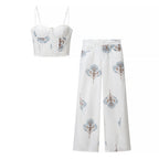 Women Clothing Summer Cool Floral Print Sling Wide Leg Pants Two Piece Set