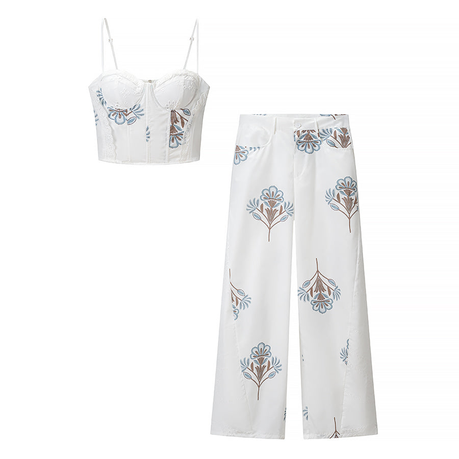 Women Clothing Summer Cool Floral Print Sling Wide Leg Pants Two Piece Set