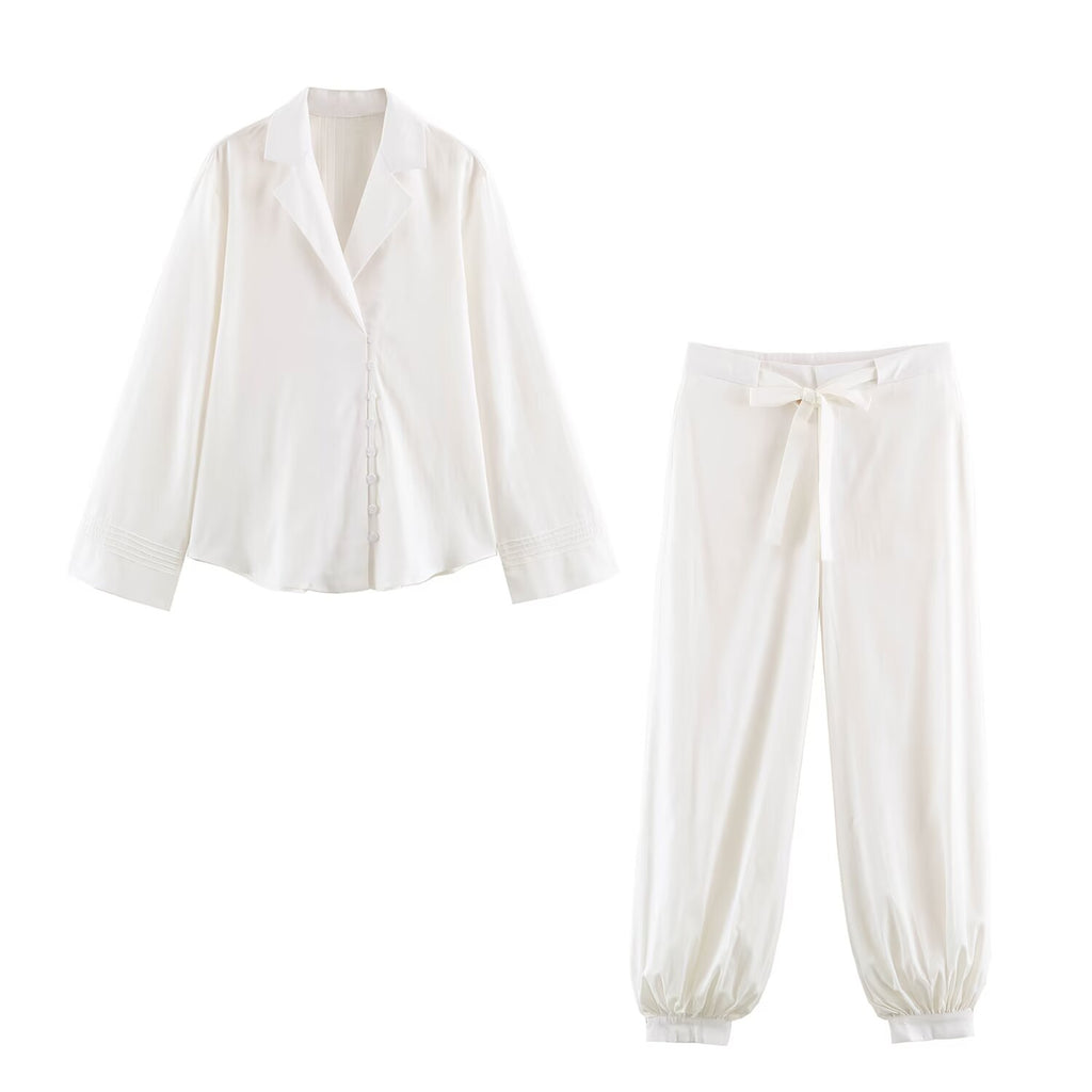 Women Spring Solid Button Top Shirt Pant Sets