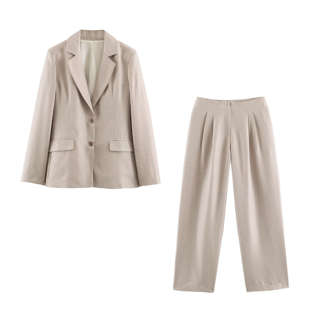 Women Clothing Summer Pleated Blazer Straight Leg Pants Sets