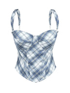 Summer Plaid Boning Corset Bra Chest Pad Outer Wear Daily