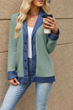 Autumn Winter Denim Contrast Color Lapels Button Loose Long Sleeve Sweatershirt Women