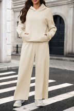Loose Long Sleeve Hooded Sweatshirt Drawstring Pocket Trousers Set for Women