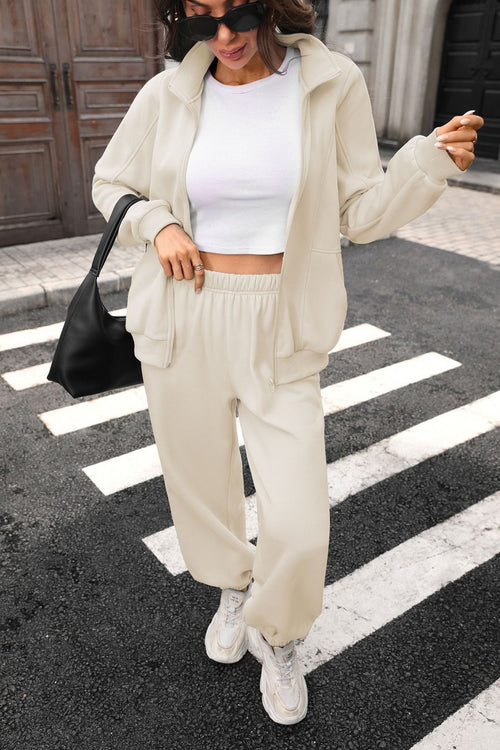 Women’s cream fleece-lined zip hoodie and matching jogger trousers with side pockets
