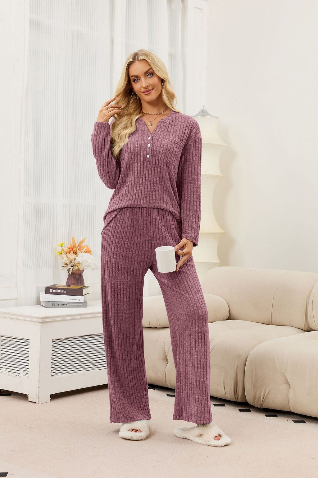 Autumn Winter V neck Button Loose Long Sleeve Pocket