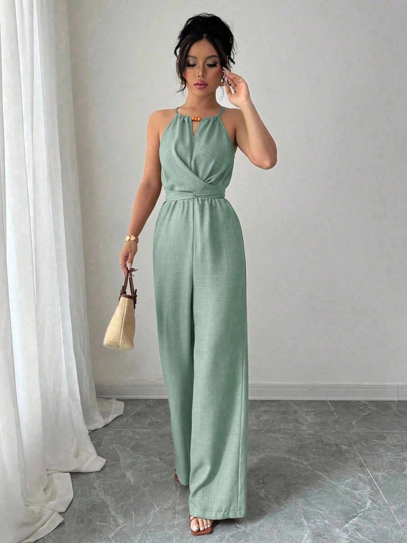 Halter Jumpsuit Waist Tight Drape Office Jumpsuit