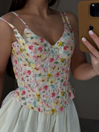 Floral sleeveless V-neck double-layer cami with spaghetti straps and waist tie