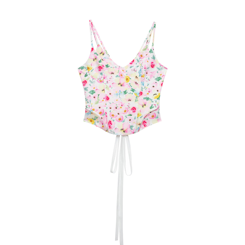 Pink floral sleeveless V-neck double-layer cami with spaghetti straps and waist tie